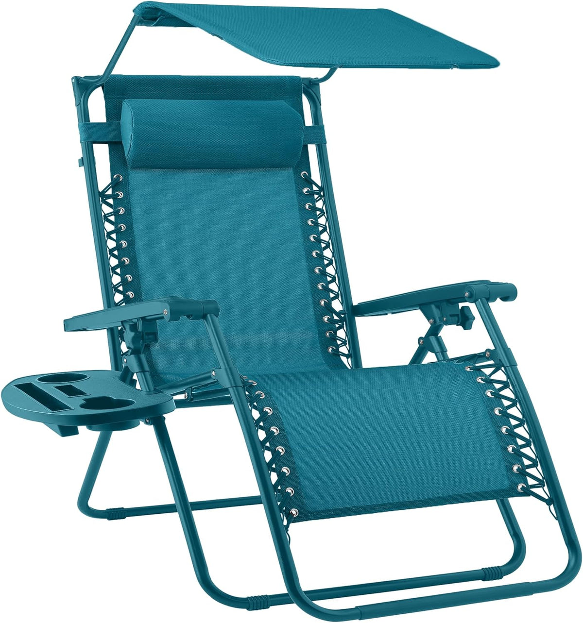 Best Choice Products Folding Zero Gravity Outdoor Recliner Patio Lounge Chair w/Adjustable Canopy Shade, Headrest, Side Accessory Tray, Textilene Mesh - Peacock Blue