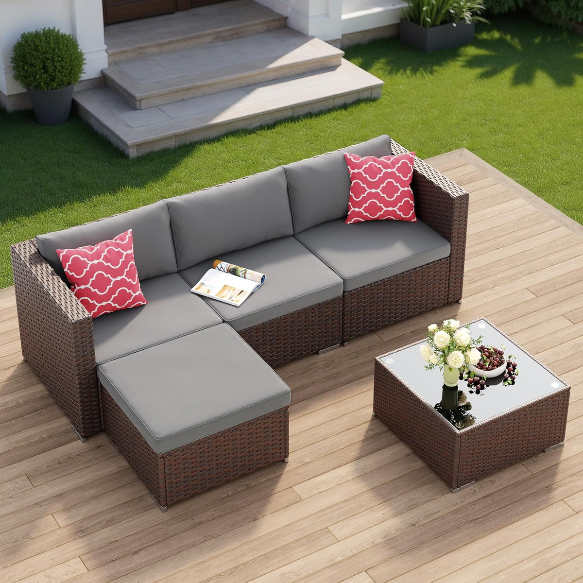 Aiho 5 Pieces Patio Furniture Set All-Weather Outdoor Wicker Sectional Patio Furniture with Cushion and Glass Table (Grey)