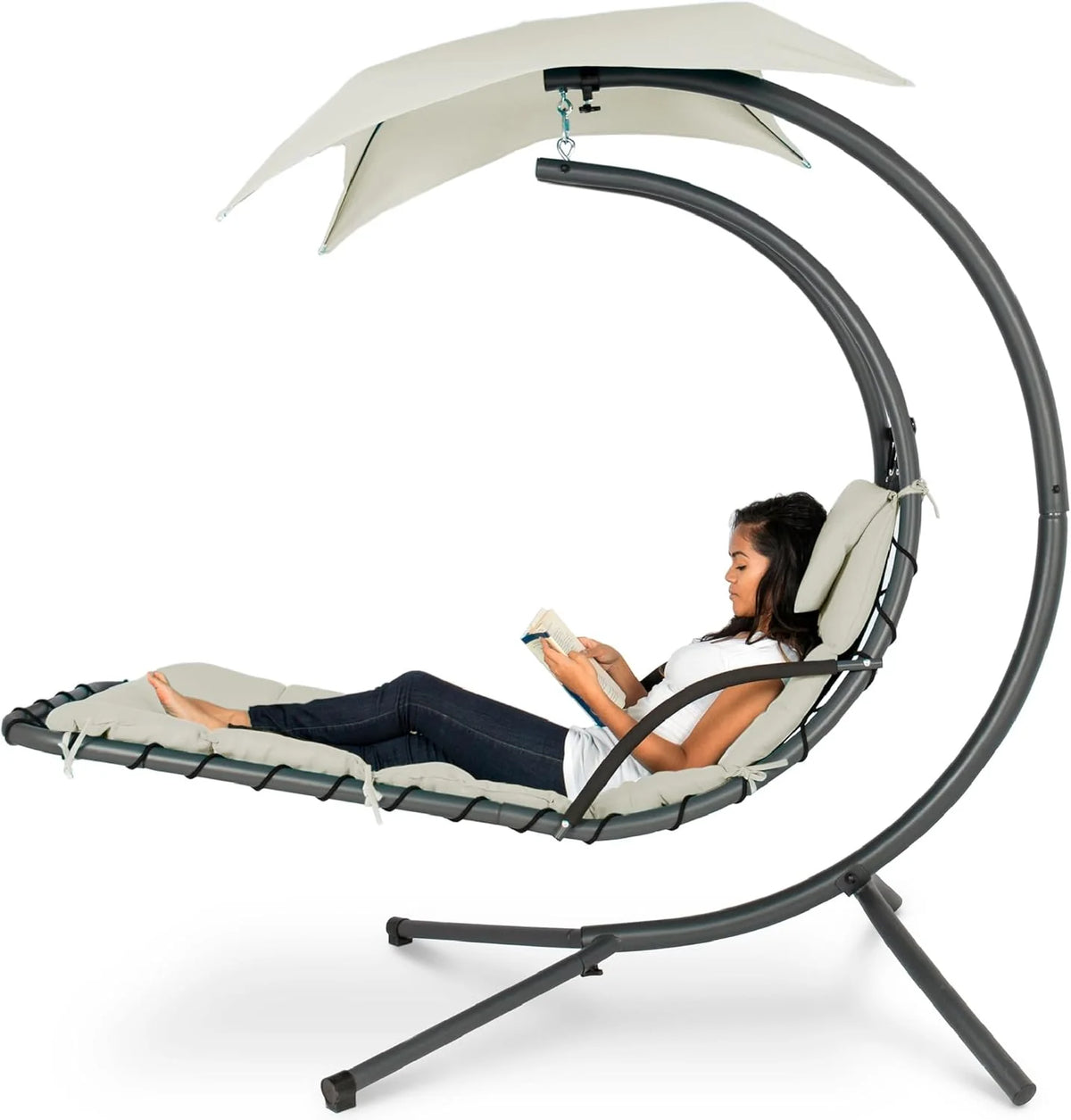 Best Choice Products Outdoor Hanging Curved Steel Chaise Lounge Chair Swing w/Built-in Pillow and Removable Canopy - Teal
