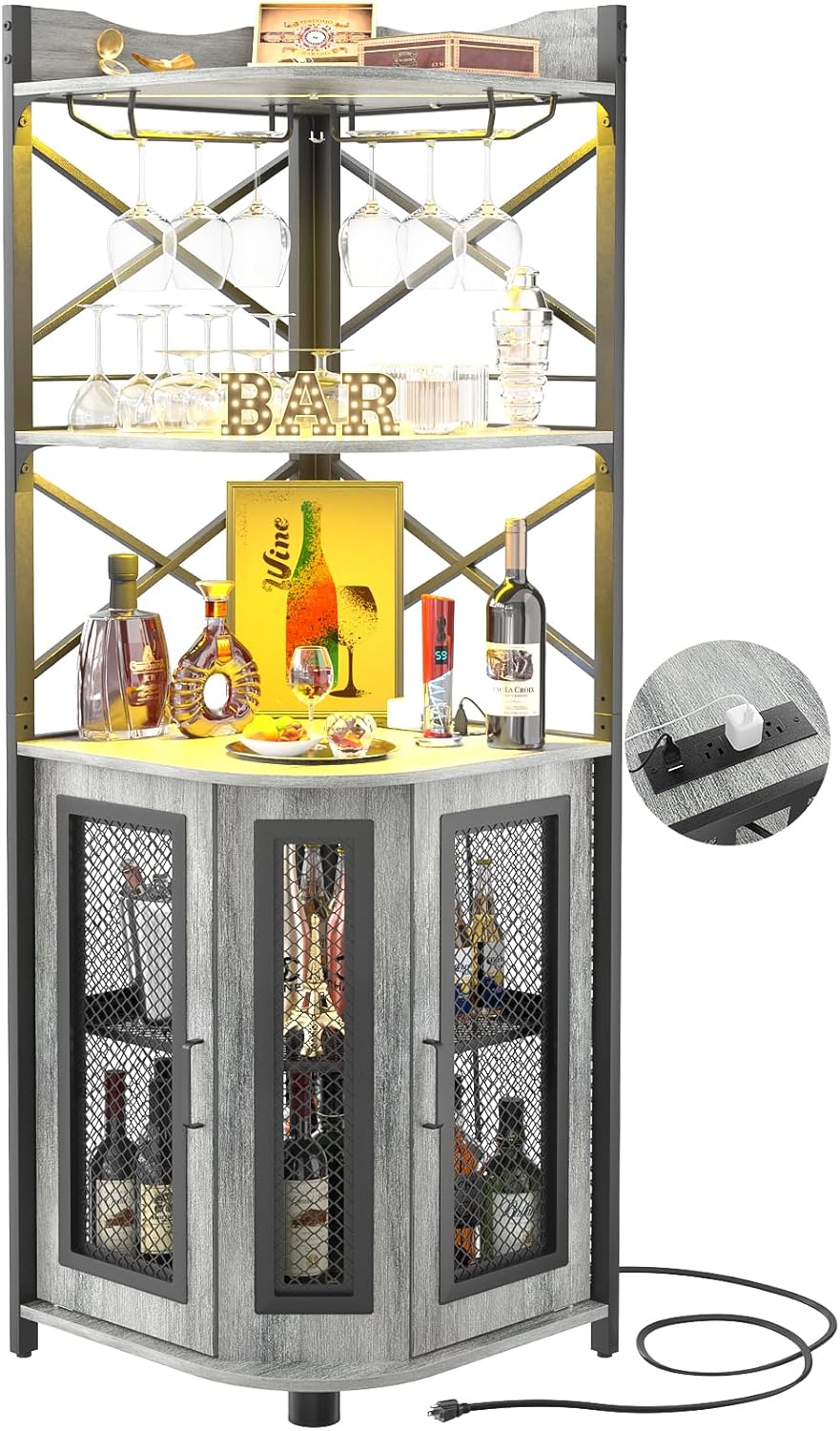 Aheaplus Corner Bar Cabinet with Power Outlet, Industrial Wine Cabinet with LED Strip and Glass Holder, 5-Tiers Liquor Cabinet Bar Unit for Home, Corner Display Cabinet for Small Space, White Oak
