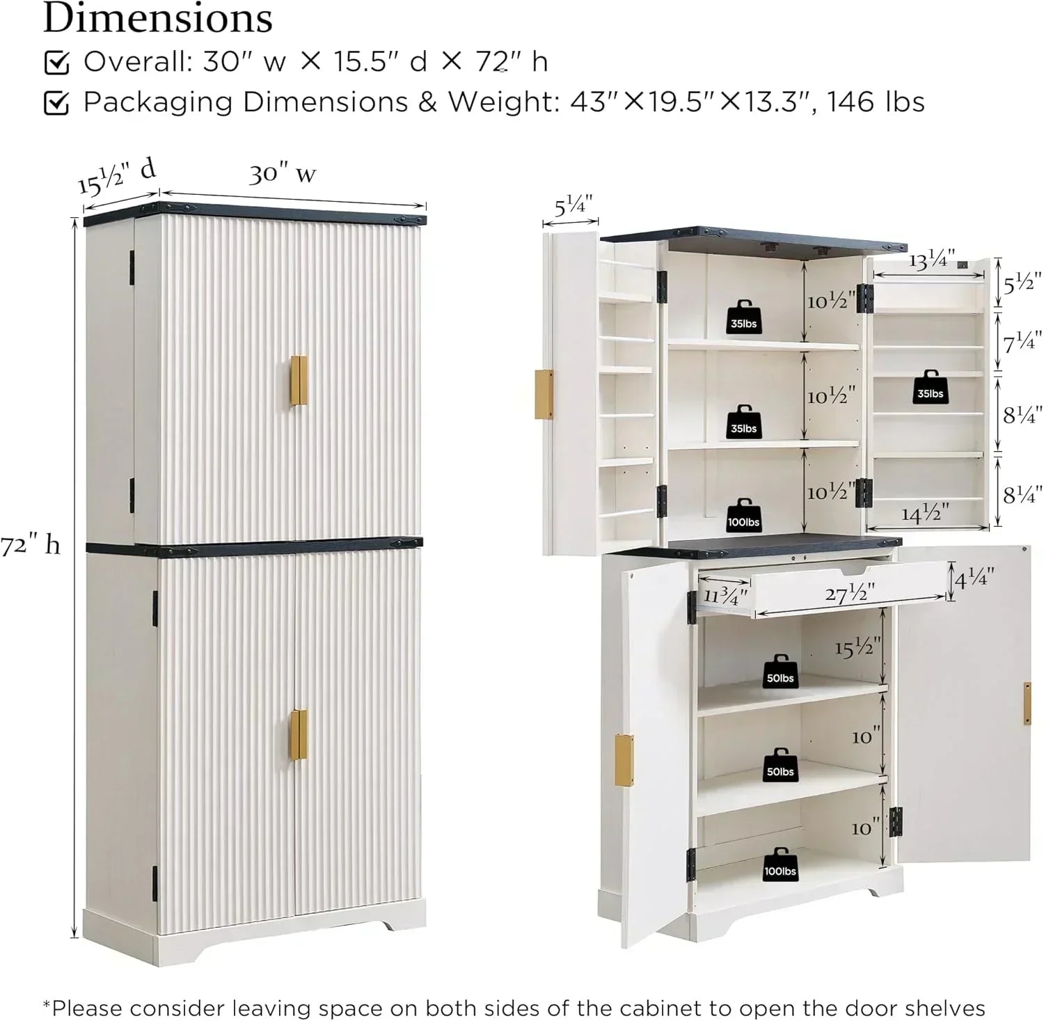 Fluted Pantry Cabinet 72" Tall Modern Storage Cabinet with 4 Doors Organizer Drawer