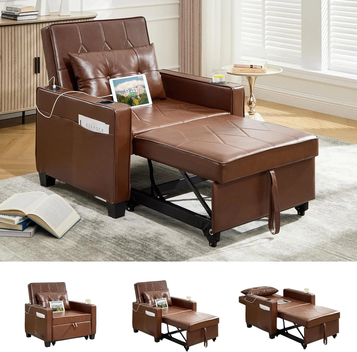 Adult Convertible Sleeper Chair Bed, 3-in-1 Pull-Out Sofa Bed with USB/Type-C Ports, Cup Holders, Side Pockets, Single Sofa