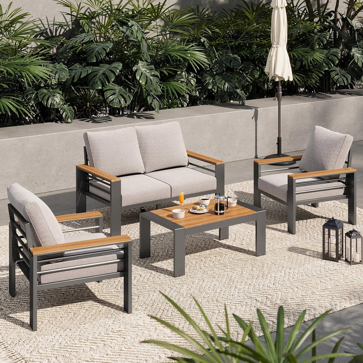 Aoxun Aluminum Outdoor Patio Furniture Set, 5 Seats Outdoor Sectional with Coffee Table, Patio Conversation Sets with Upgraded Armrests and Cushions for Backyard, Garden and Poolside