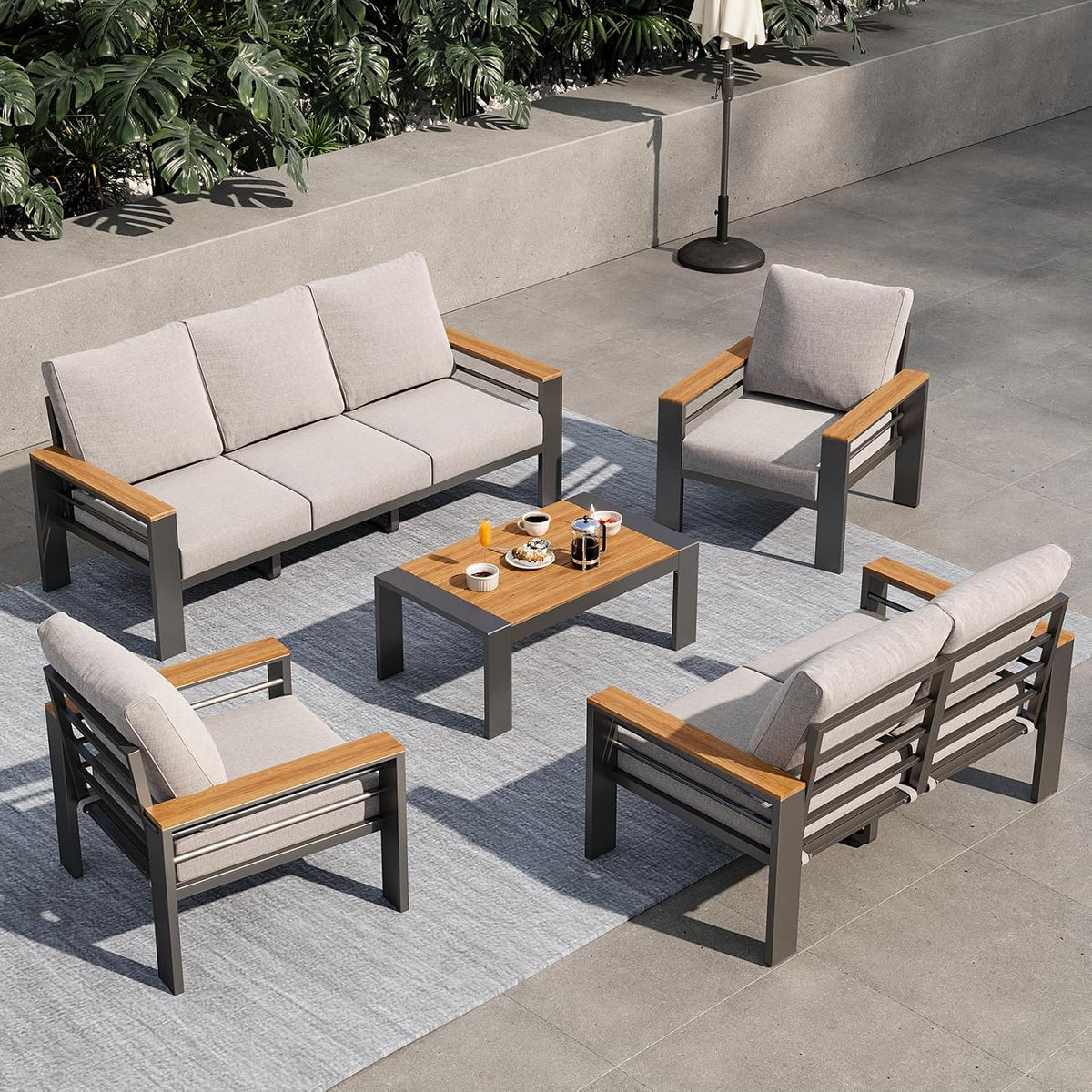 Aoxun Aluminum Outdoor Patio Furniture Set, 5 Seats Outdoor Sectional with Coffee Table, Patio Conversation Sets with Upgraded Armrests and Cushions for Backyard, Garden and Poolside