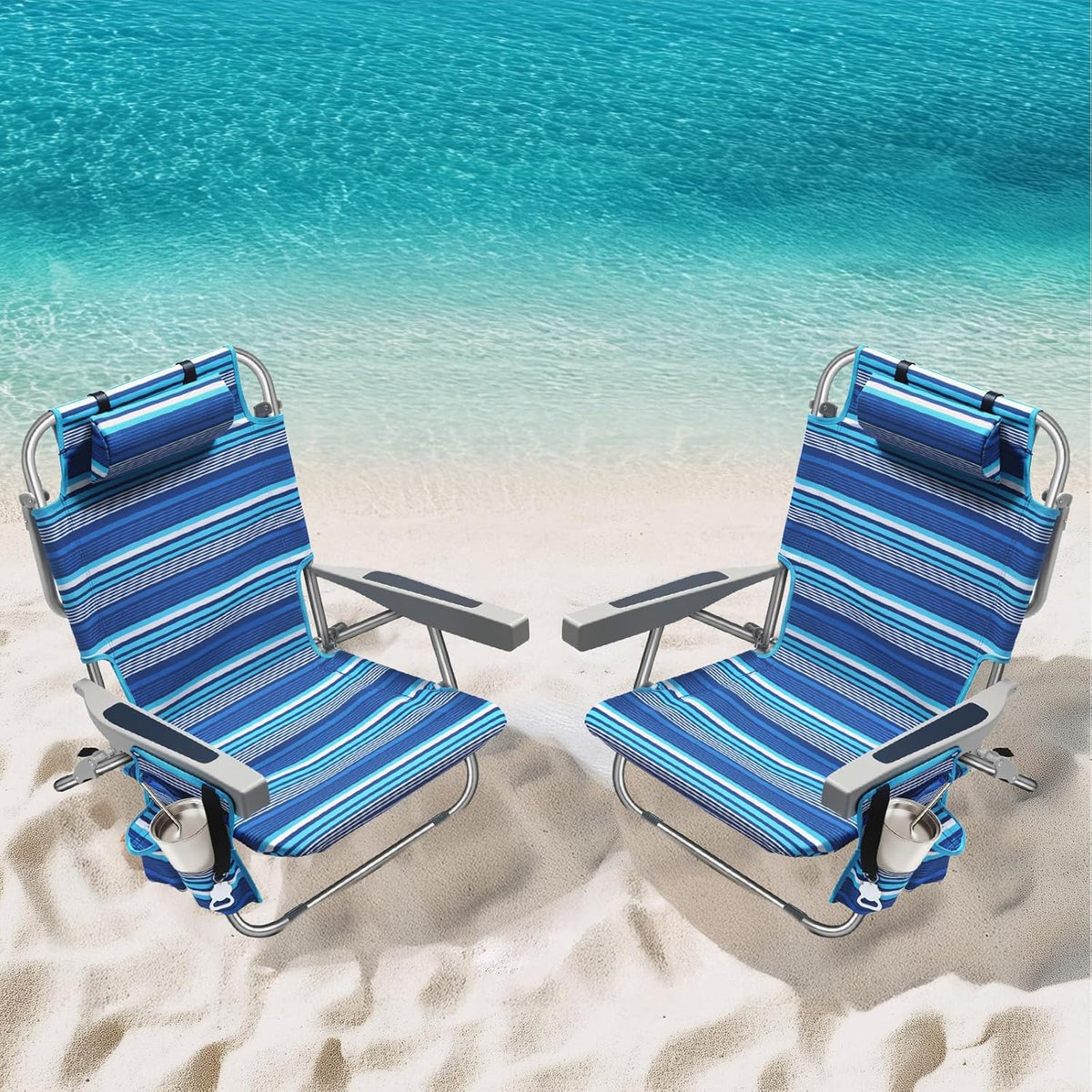 5-Position Aluminum Lay Flat Tall Backpack Beach Chairs 2 Pack Compact Portable Beach Chairs for Adults with Cooler Pouch, Storage Pouch, Towel Bar, Cup Holder & Phone Holder, Blue Stripe