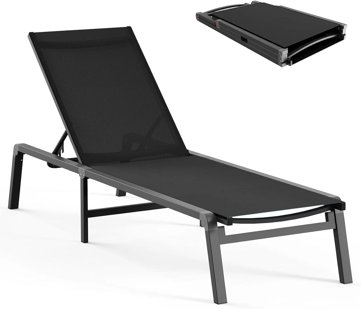 Aluminum Chaise Lounge Ourdoor - Foldable & Assemble Free Outdoor Lounge Chair with 5 Adjustable Backrest, Patio Lounge Chair for Outside Poolside Beach Pool, Black
