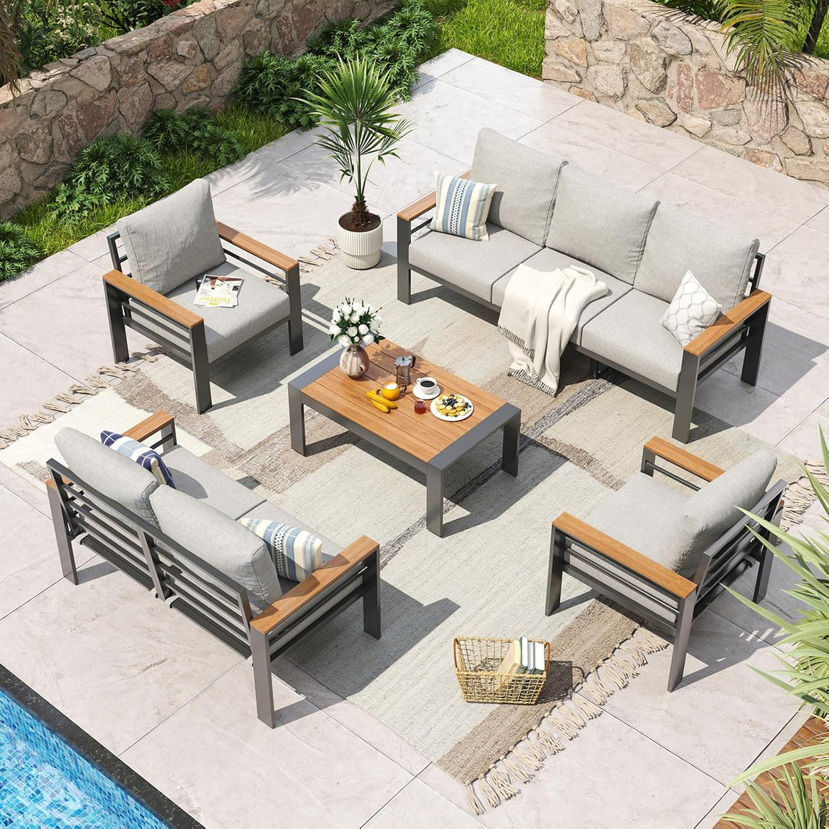 Aoxun Aluminum Patio Furniture Set 7 Seats, Oversized Outdoor Sectional with Washable Thick Cushions, Coffee Table and Waterproof Cover, Patio Conversation Sets for Porch, Balcony, Deck
