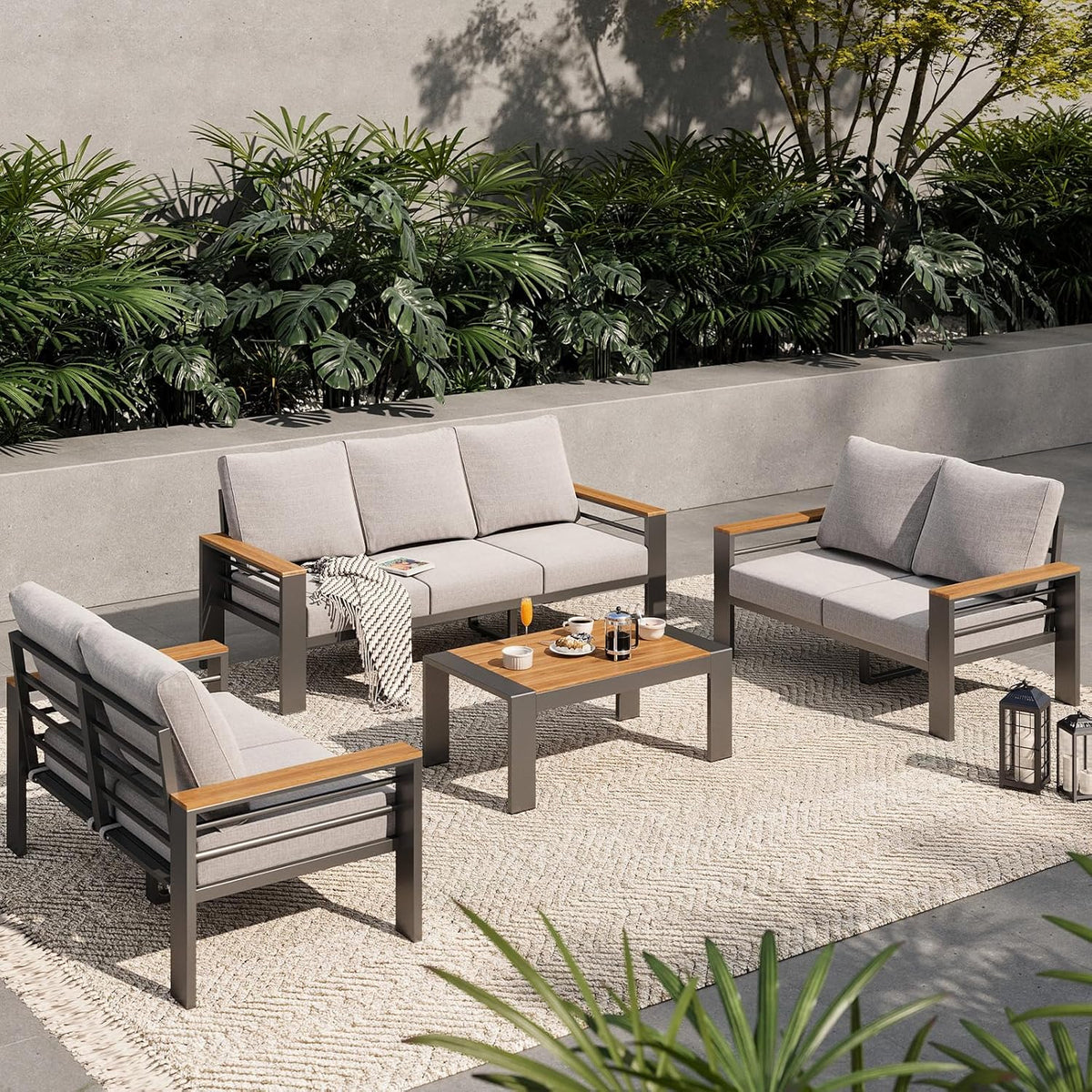 Aoxun Aluminum Outdoor Patio Furniture Set, 5 Seats Outdoor Sectional with Coffee Table, Patio Conversation Sets with Upgraded Armrests and Cushions for Backyard, Garden and Poolside