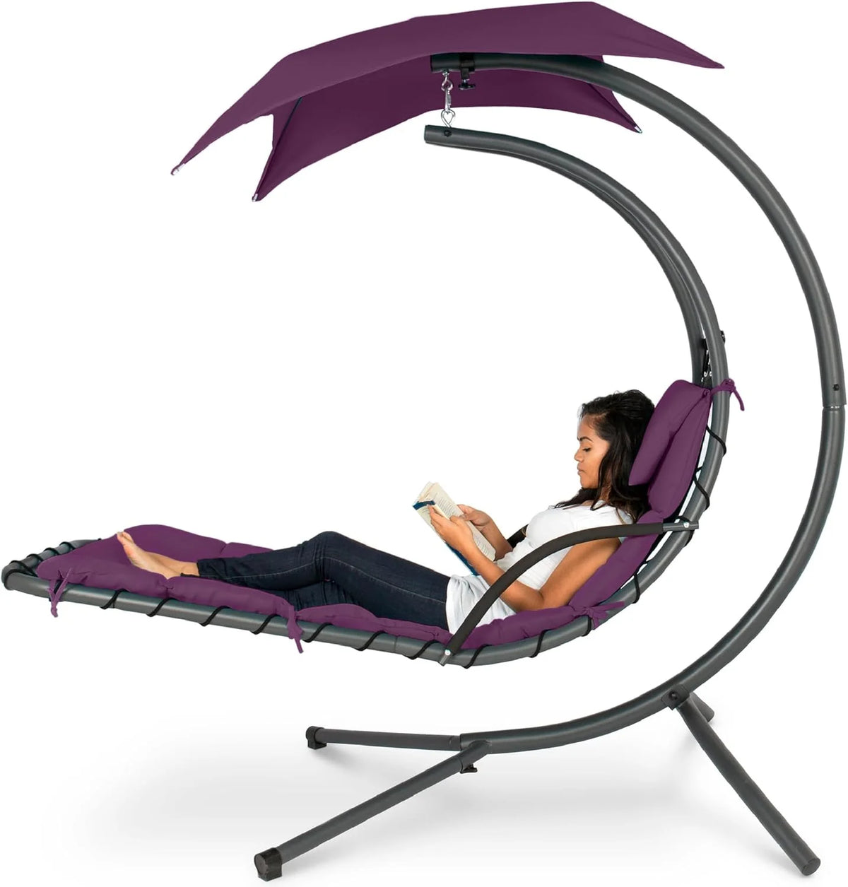 Best Choice Products Outdoor Hanging Curved Steel Chaise Lounge Chair Swing w/Built-in Pillow and Removable Canopy - Charcoal Gray